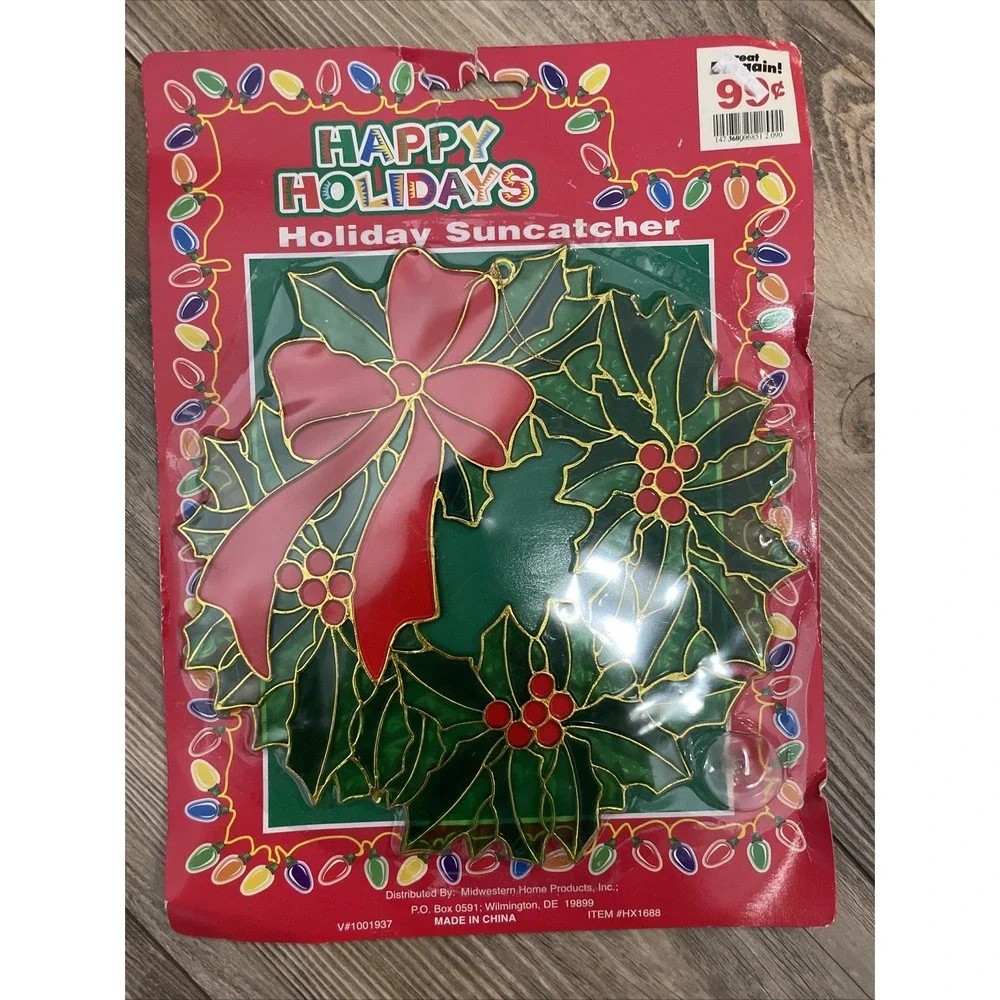 Vintage Happy Holidays Plastic Christmas Stained Glass-Lot of 3-Wreath-Stocking‎